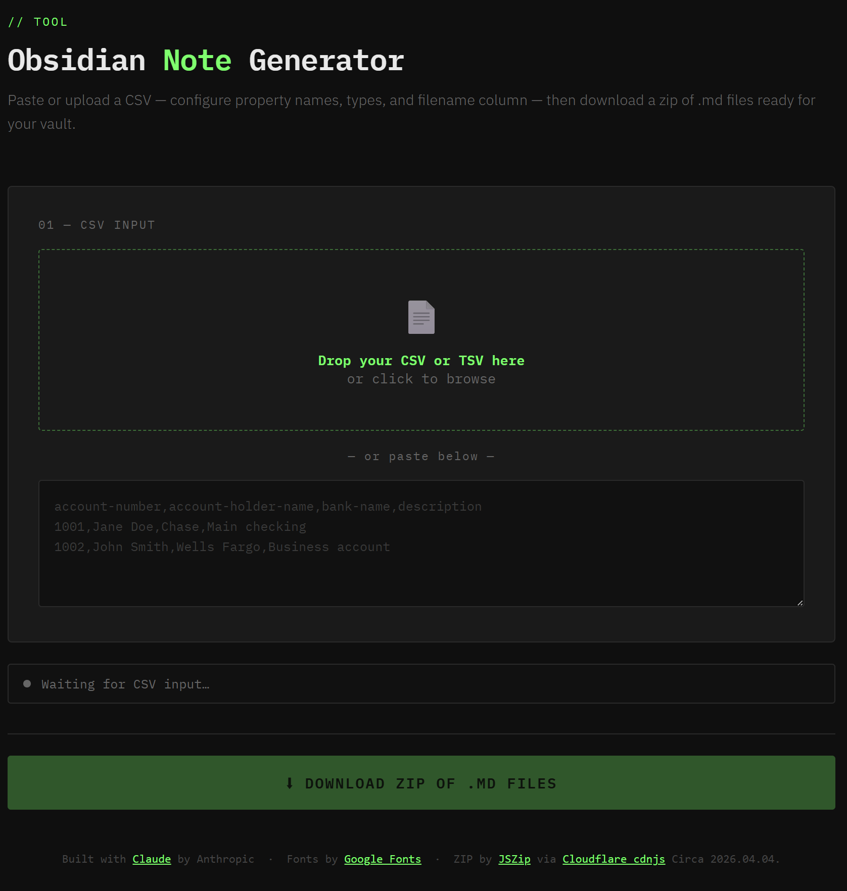 Screenshot: CSV input area with drag-and-drop zone and paste textarea