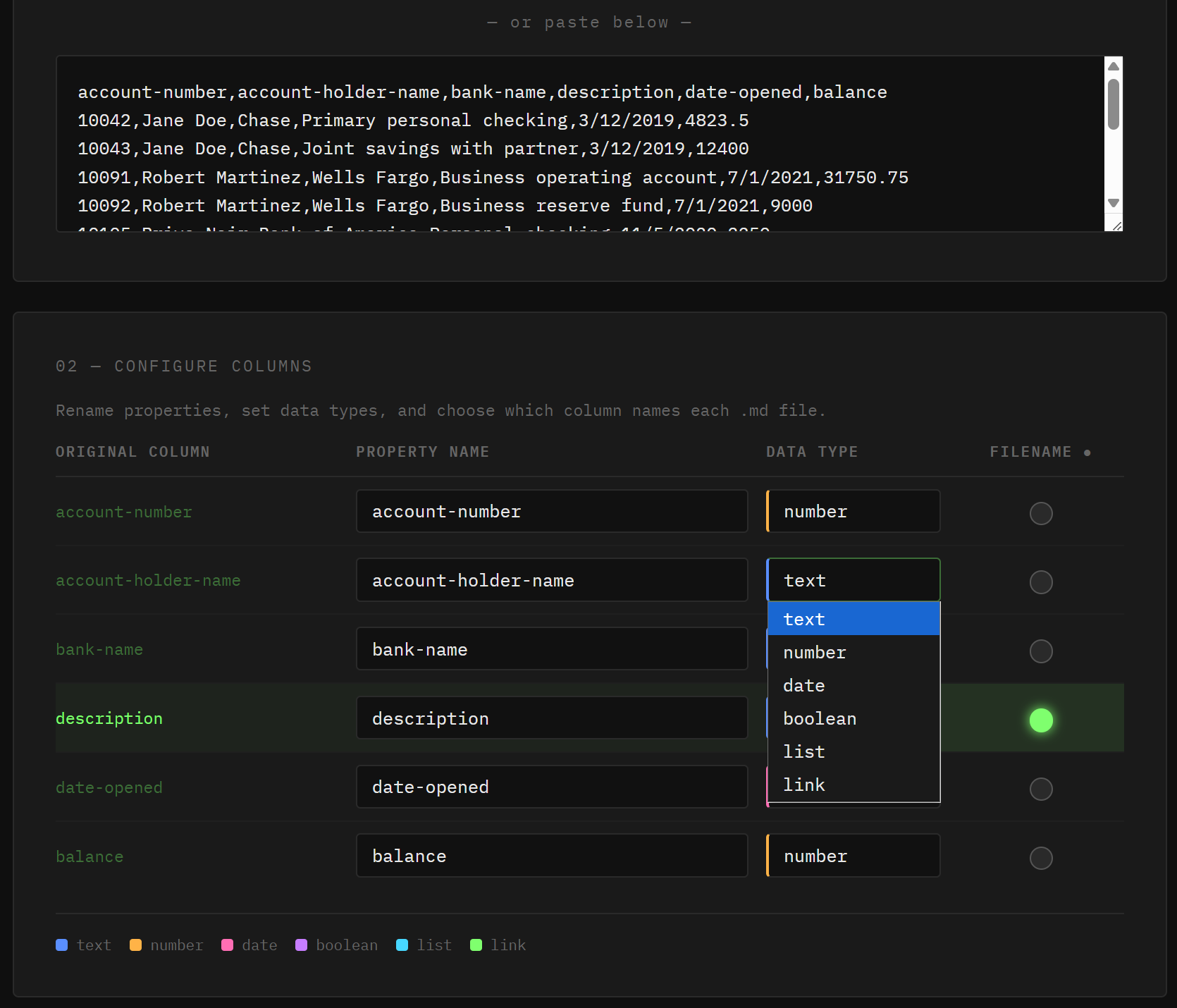 Screenshot: Column mapping table showing property name fields, type dropdowns, and filename radio buttons